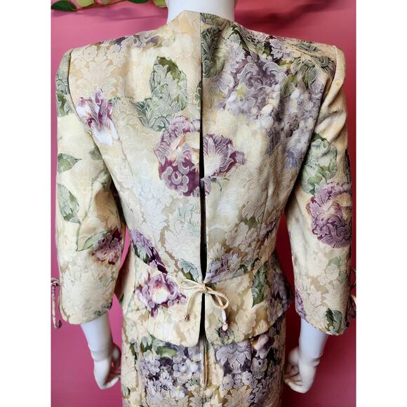Vintage 1990's Tapestry Sheath Dress Peplum Blazer Suit Set Floral Garden Party - Picture 8 of 10